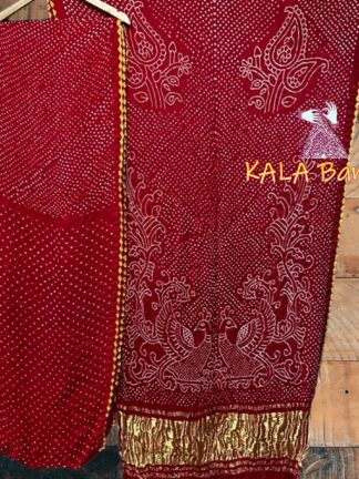 Red Peacock Bandhani Designer Saree Pure Gaji Silk