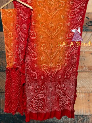 Red Orange Peacock Bandhani Designer Saree Pure Gaji Silk