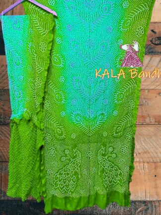 Parrot Sky Peacock Bandhani Designer Saree Pure Gaji Silk