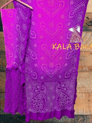 Pink Brinjal Peacock Bandhani Designer Saree Pure Gaji Silk