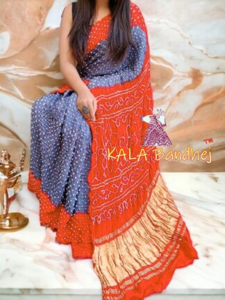 Silver Orange Pure GajiSilk Bandhani Saree