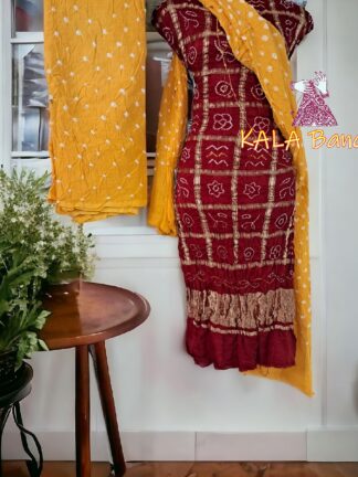 Marron Golden Bandhani Gharchola Dress Material Pure GajiSilk