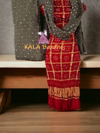 Red Grey Bandhani Gharchola Dress Material Pure GajiSilk