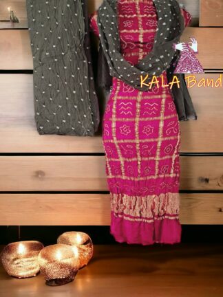 Pink Grey Bandhani Gharchola Dress Material Pure GajiSilk