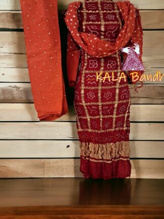 Maroon Orange Bandhani Gharchola Dress Material Pure GajiSilk