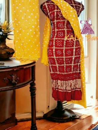 Red Yellow Bandhani Gharchola Dress Material Pure GajiSilk