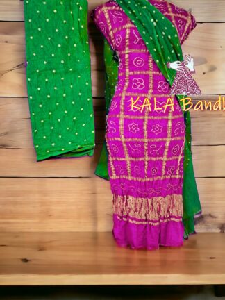 Pink Parrot Bandhani Gharchola Dress Material Pure GajiSilk