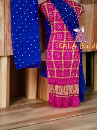 Pink Blue Bandhani Gharchola Dress Material Pure GajiSilk