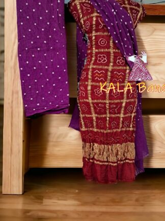 Maroon Magenta Bandhani Gharchola Dress Material Pure GajiSilk