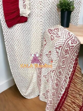 White Red Bandhani Saree Pure Gaji Silk