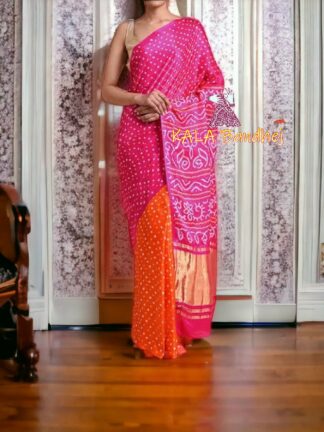 Pink Orange Bandhani Saree Pure Gaji Silk