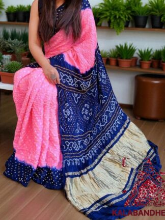 Pink Navy Blue Pure GajiSilk Bandhani Saree