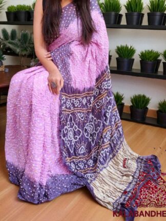 Lavender Light Pink Pure GajiSilk Bandhani Saree