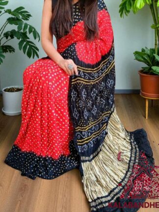 Red Black Pure GajiSilk Bandhani Saree