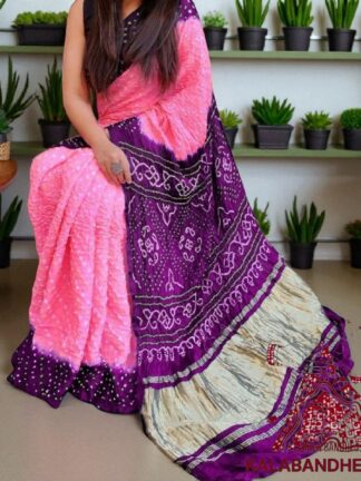 Baby Pink Brinjal Pure GajiSilk Bandhani Saree
