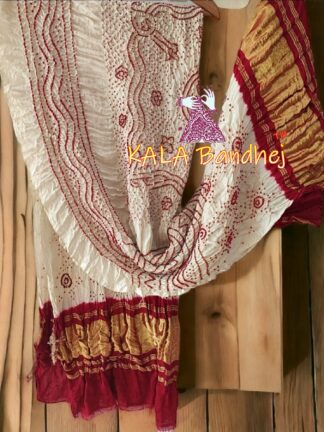 White Red Bandhani Dupatta Pure Gaji Silk Chandra Kala