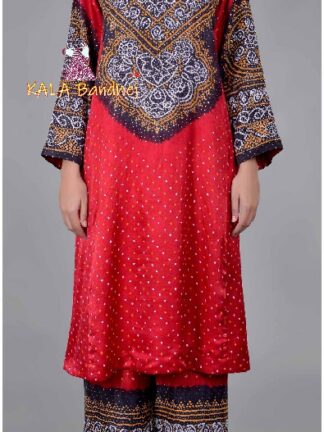Red Gaji Silk Abha Kali Kurta Pants and Dupatta Set
