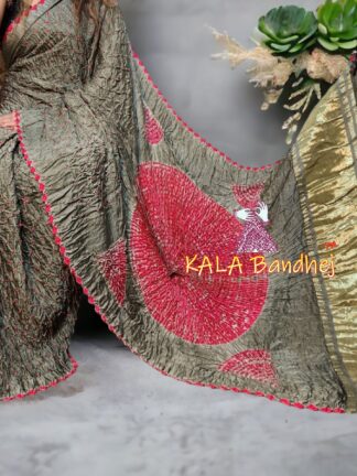 Olive Grey Shibori Bandhani Saree Pure Modal Silk