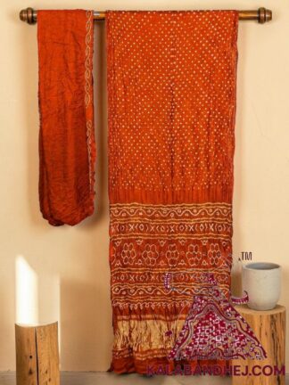 Orange Lagdi Palav Bandhani Saree in Pure Gaji Silk