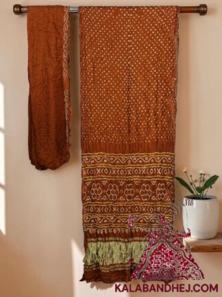 Dark Rust Lagdi Palav Bandhani Saree in Pure Gaji Silk