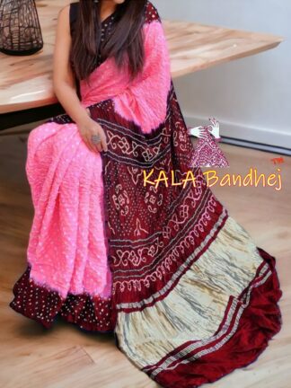 Baby Pink Blood Marron Pure GajiSilk Bandhani Saree