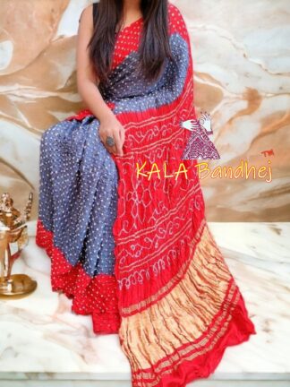 Silver Red Pure GajiSilk Bandhani Saree