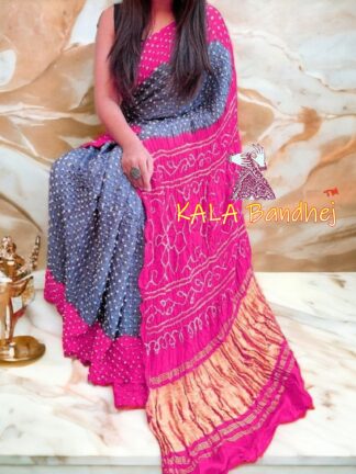 Silver Fu Pink Pure GajiSilk Bandhani Saree
