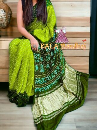 Parrot Mahendi Pure GajiSilk Bandhani Saree