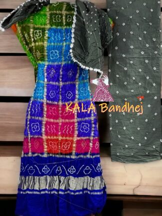 Blue Grey Bandhani Gharchola Dress Material Pure GajiSilk