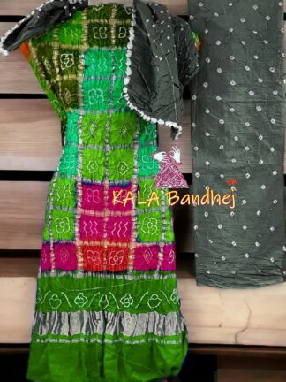 Parrot Grey Bandhani Gharchola Dress Material Pure GajiSilk