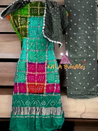 Aqua Grey Bandhani Gharchola Dress Material Pure GajiSilk