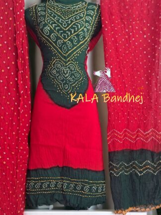 Green Red Pure Cotton Bandhani Abha Dress Material