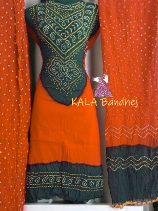 Green Orange Pure Cotton Bandhani Abha Dress Material