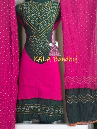 Green Pink Pure Cotton Bandhani Abha Dress Material