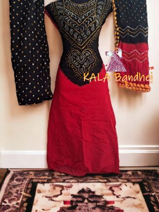 Red Black Pure Cotton Bandhani Abha Dress Material