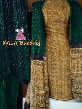 Haldi Ajrak Green Bandhani Gaji Silk Dress Material
