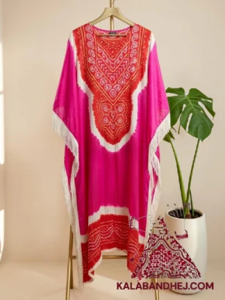 Red Pink Designer Bandhani Abha Kaftan Pure Gaji Silk