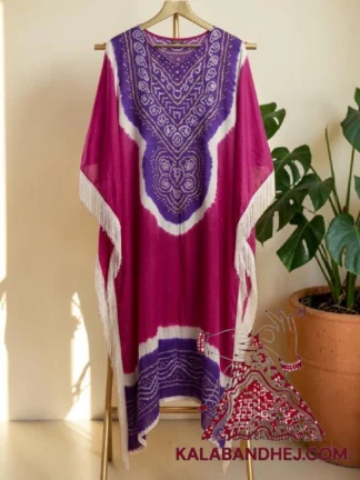 Purple Magenta Designer Bandhani Abha Kaftan Pure Gaji Silk