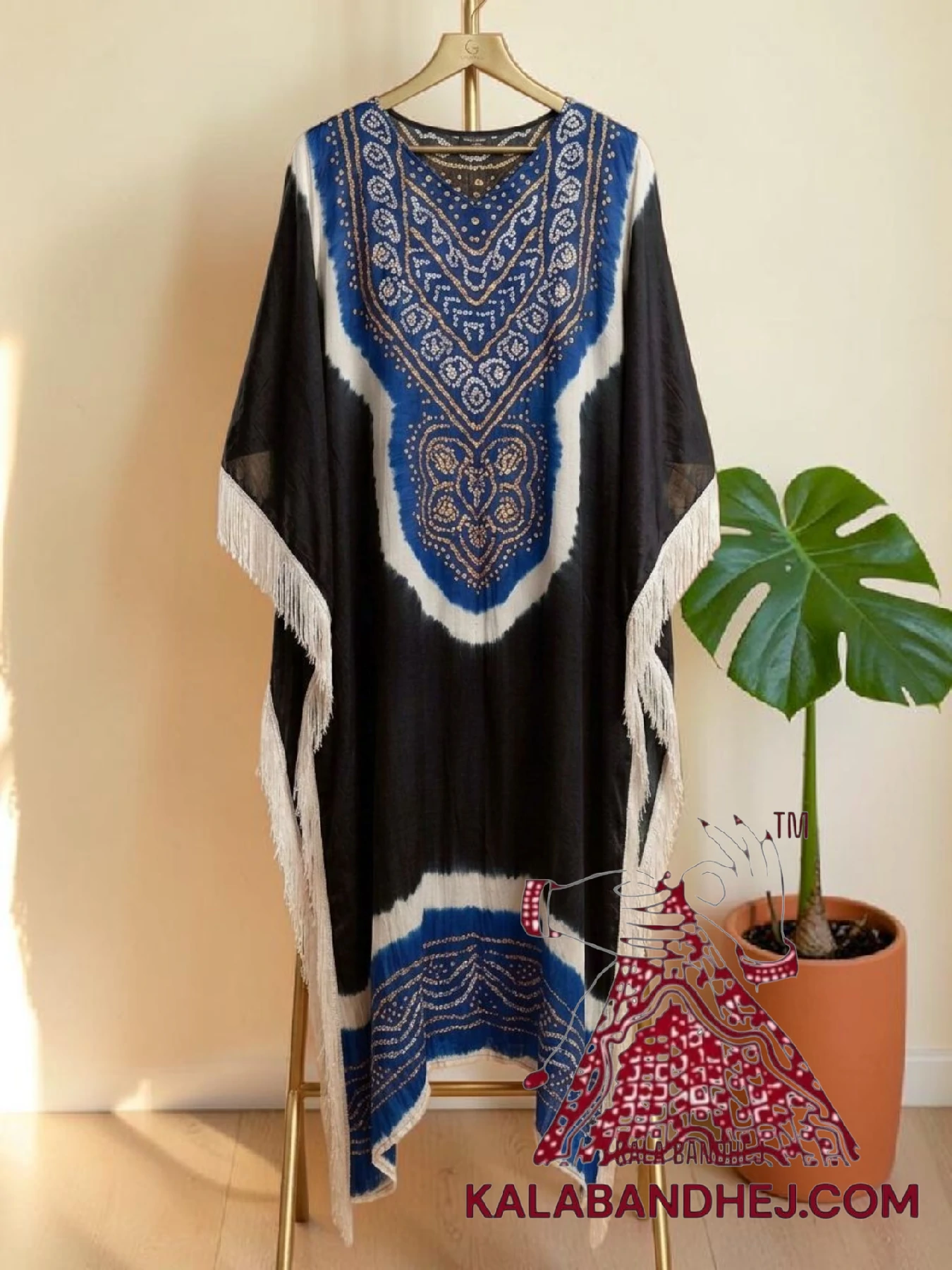 Royal Blue Black Designer Bandhani Abha Kaftan Pure Gaji Silk