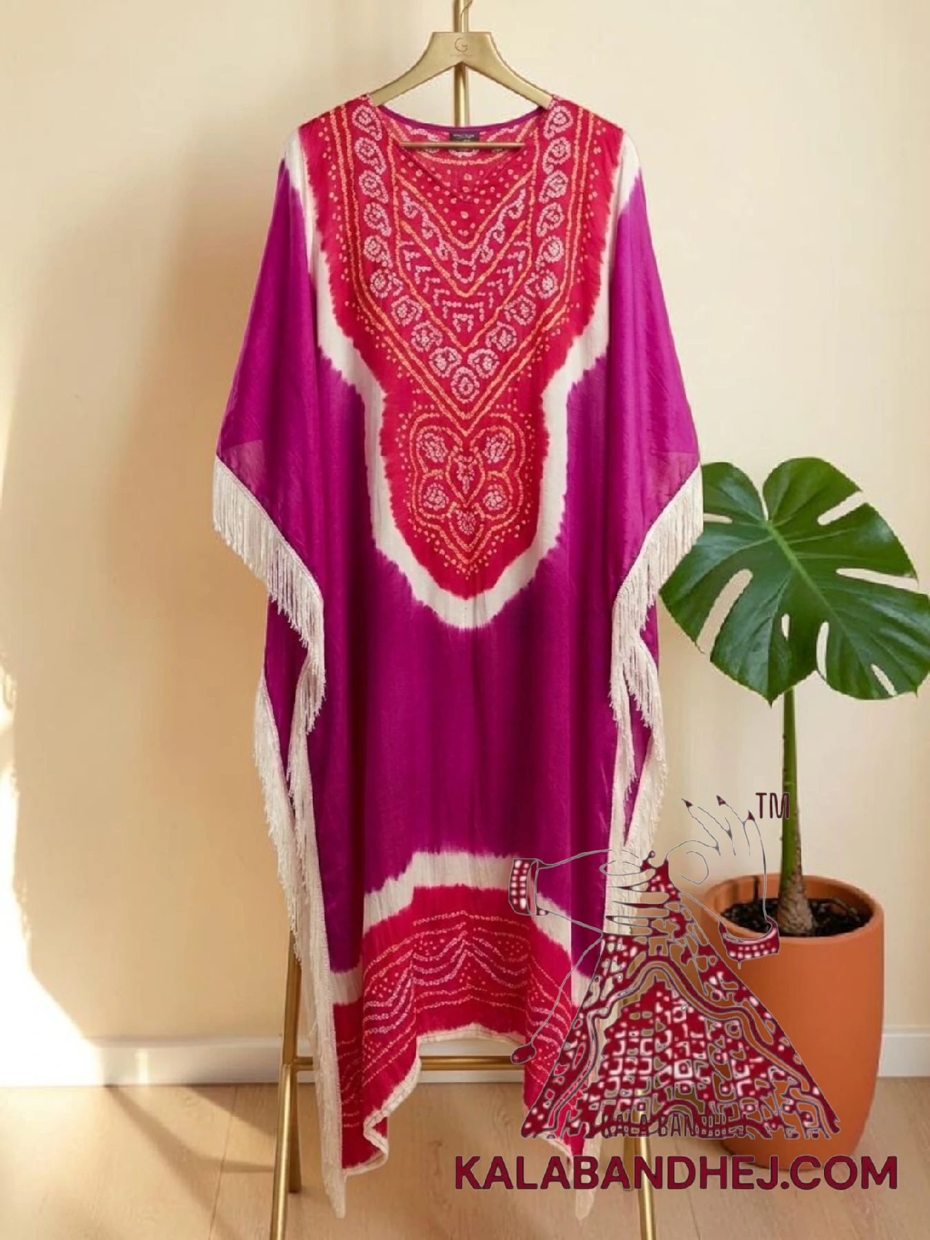 Rani Magenta Designer Bandhani Abha Kaftan Pure Gaji Silk