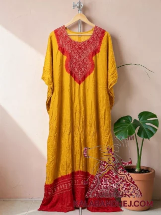 Blood Red Mustard Yellow Bandhani Long Abha Kaftan Pure Gaji Silk