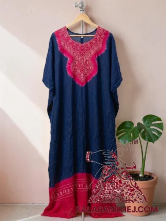 Rani Pink Navy Blue Bandhani Long Abha Kaftan Pure Gaji Silk