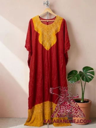 Mustard Yellow Maroon Bandhani Long Abha Kaftan Pure Gaji Silk