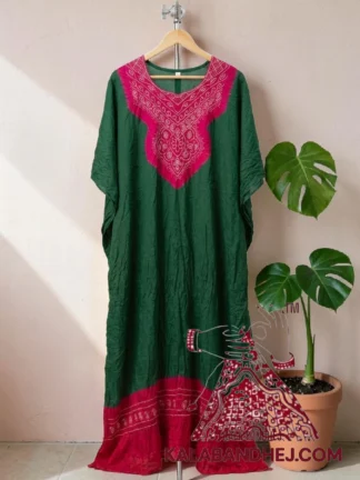 Rani Pink Bottle Green Bandhani Long Abha Kaftan Pure Gaji Silk