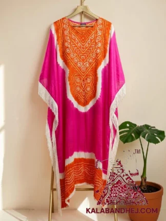 Orange Pink Designer Bandhani Abha Kaftan Pure Gaji Silk
