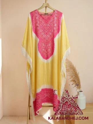 Lemon Pink Designer Bandhani Abha Kaftan Pure Gaji Silk