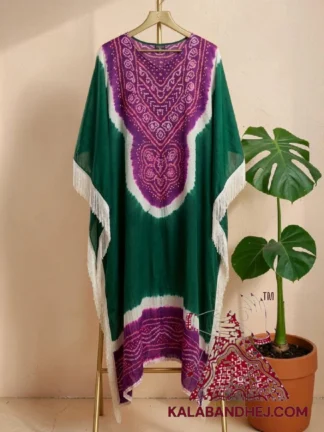 Magenta Green Designer Bandhani Abha Kaftan Pure Gaji Silk
