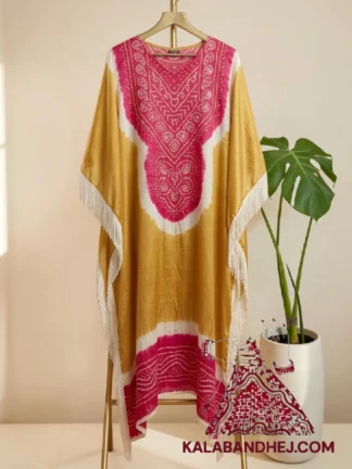 Pink Golden Designer Bandhani Abha Kaftan Pure Gaji Silk