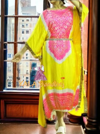 Lemon Pink Bandhani Abha Kaftan Designer Pure GajiSilk