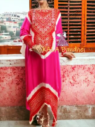 Red Pink Bandhani Abha Kaftan Designer Pure GajiSilk